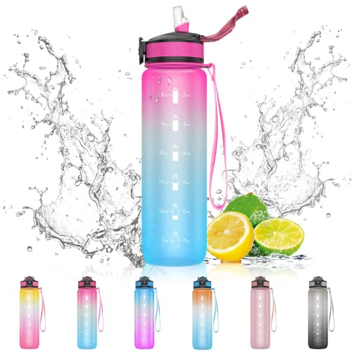 EYQ 32oz Water Bottle with Straw, Time Marker, Fuschia Green Gradient