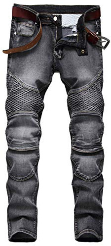 DSDZ Men's Streetwear Patchwork Pleated Stretch Ripped Biker Jeans Denim Pants (Grey, 34)