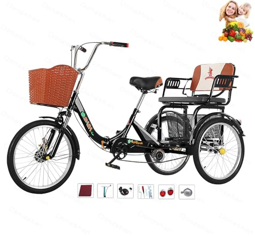 Tricycle Adult Folding Bicycle Comfortable seat 3 Wheel Bicycle Rear Enlarged Vegetable Basket Double Chain 20inch Shock Absorber Front Fork for Parents and Children Maximum Load 440lbs (Black)