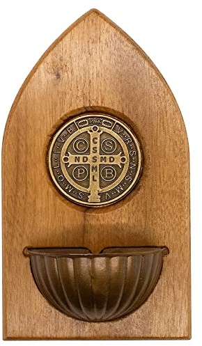 Holy Water Font | Saint Benedict | Our Lady of Grace | Holy Family | Beautiful Wood Base with Bronze-Tone Religious Figures and Holy Water Font | Catholic Home Decor (Saint Benedict)