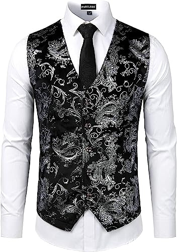 PARKLEES Mens Luxury Metallic Paisley Gold Printed Waistcoat Shiny Wedding Prom Party Vest for Suit or Tuxedo Silver XL