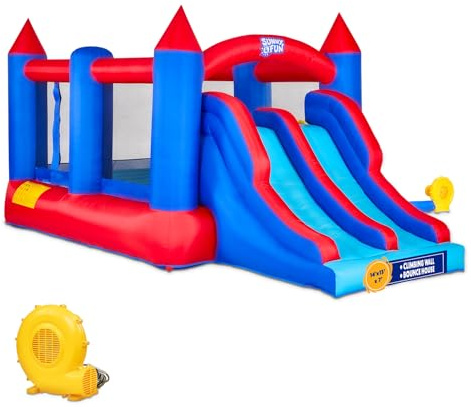 Sunny & Fun Inflatable Bouncy Castle with Dual Slide – Heavy-Duty for Outdoor Fun - Climbing Wall, Slides, Bounce House – Easy to Set Up & Inflate with Included Air Pump & Carrying Case