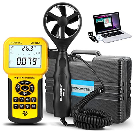 LYCEBELL Anemometro Digitale Portatile, LC-856A Misuratore HVAC Velocità del Vento, Flusso Aria e Temperatura con Registrazione Dati, LCD Retroilluminato per Drone, Vela e Pesca (Valigia Inclusa)