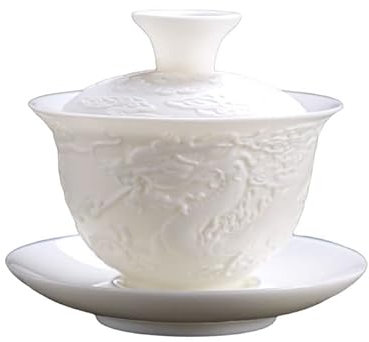Relief Dragon Weißes Porzellan Gaiwan, chinesischer geprägter Drachen-Stil, weißer Ceamic Gaiwan, Kung Fu Teeschale, traditionelle Teetasse (Dargon-1)