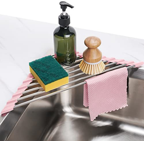 Tomorotec Dreieckiges aufrollbares Abtropfgestell für Spüle, Ecke, klein, faltbar, Edelstahl über der Spüle, Mehrzweck-Küchenabtropfgestell, Caddy, Aufbewahrung, platzsparendes Regal (Rosa)