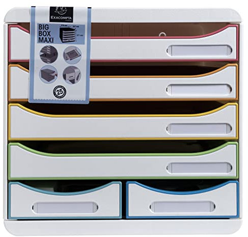 Exacompta 312913D Ablagebox Harlekin aus Recycling-Kunststoff mit 4 Schubladen für DIN A+ und 2 Schubladen für Utensilien. Belastbare Schubladenbox für mehr Platz. Blauer Engel Big Box Maxi weiß|bunt