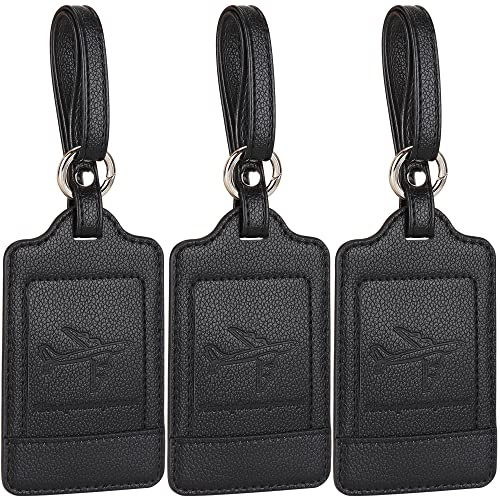 Teskyer 3 Stück Kofferanhänger, Kofferanhänger mit Adressschild, PU Leder Kofferanhänger Flugreise, Zerklüftet, Schutz der Privatsphäre, Schnelle Identifikation, Gepäckanhänger, Schwarz