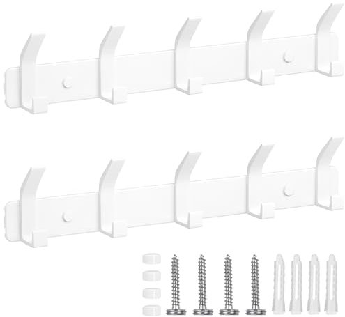 TENXSNUG Percheros Pared 2 Piezas, Colgador Pared Inoxidable con 5 Ganchos, Ganchos de Perchero Coat Hooks para Cocina, Baño y Dormitorio, Blanco