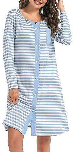 Marvmys Chemise De Nuit Femme Manches Longues Chemises De Nuit Femmes Col en V avec Boutons Devant Chemises De Nuit Vêtement De Nuit Doux Rayée Coton Manche Hiver Vêtement D'Intérieur Bleu XL
