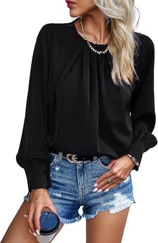 Atxnn Blusas Mujer Elegantes Camisas de Gasa Tops con Cuello Redondo Plisado Delantero Camisetas de Trabajo de Manga Larga, Negro Pequeño