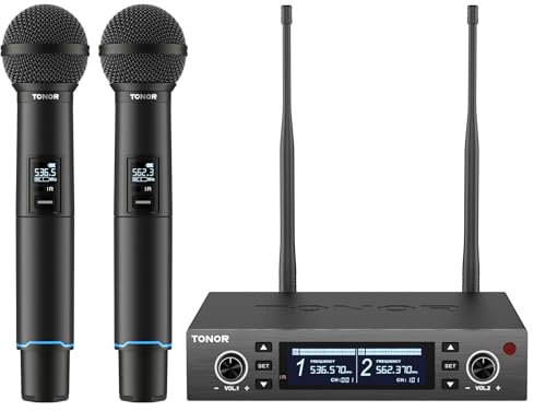 TONOR sistema microfono wireless, microfono ricaricabile professionale, microfono dinamico cordless in metallo 2x100 UHF per karaoke, chiesa, canto, matrimonio, riunione, DJ, Auto Scan, 328ft, TW750