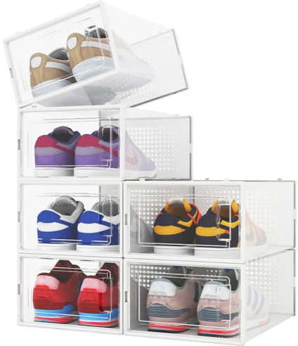 BAKAJI Lot de 6 boîtes à chaussures empilables avec couvercles, assemblage facile, porte-chaussures peu encombrants, boîtes de rangement de rangement, baskets (lot de 6 pièces, 33,5 x 23 x 14,5 cm)