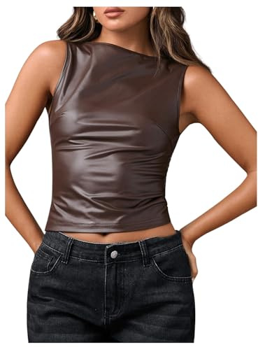 Milumia Women's Leather Tank Top Y2k Boat Neck Fitted Going Out Tops Brown