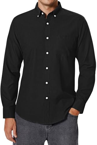 siliteelon Black Shirts Men Oxford Long Sleeve Regular Fit Casual Plain with Pocket Smart Dress Button Down Shirts for Men Adult L