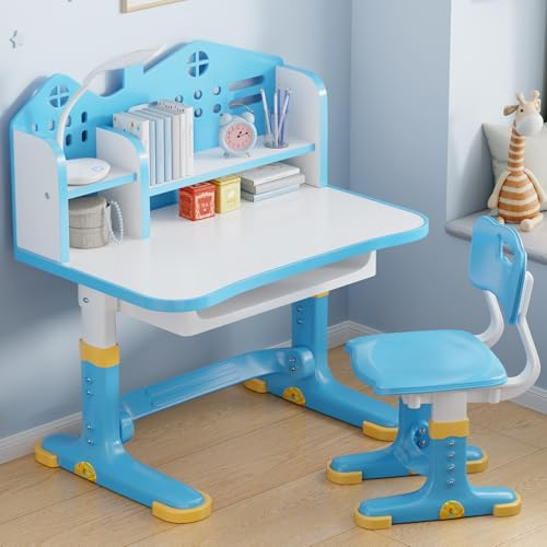 Xaperexi Kids Desk and Chair Set, Height Adjustable Child's School Study Writing Tables, Kids Desk with Bookstand and Storage Drawer, Widened Desktop with Desktop for Boys and Girls