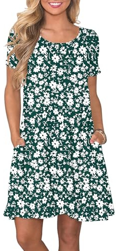 AUSELILY Damklänningar, sommar, kortärmade skjortklänningar, korta sommarklänningar, lätt, fritidsklänning med fickor, Grön tusensköna, M