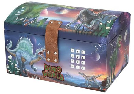 Depesche 13441 Dino World - Coffre au trésor au design dino avec planètes, boîte de rangement avec code, son et lumière