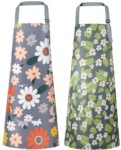 Vicloon Delantal Floral, 2 Piezas Impermeable y Ajustable con Bolsillo para Cocinar, Jardinería, Regalo
