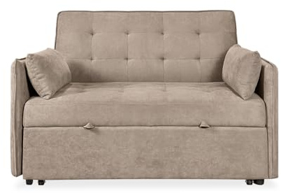 Duérmete Online - Sofá Cama de 2 Plazas Modelo Nely, Diseño Moderno, Práctico y Funcional, con Cojines Decorativos, Fácil Apertura, Beige