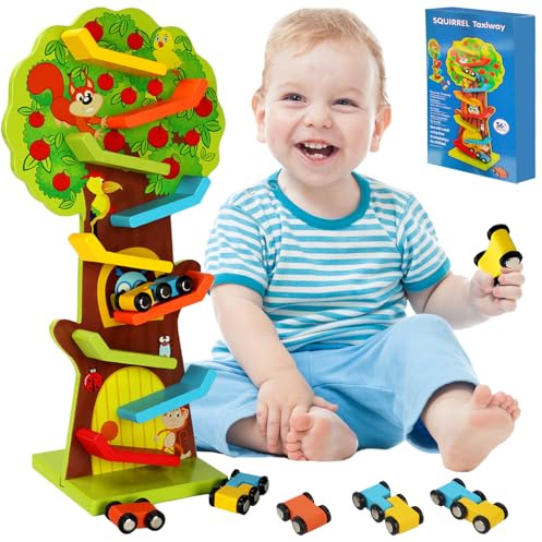 WENAUANG Kugelbahn Mit Tiermotiven, Premium Holzspielzeug mit 3 Autos, Holzschiene mit Specht-Eule-Affen-Muster, Rennbahn Lernspielzeug Geschenk, für 1-7-Jungen und Mädchen