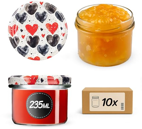 KADAX Barattoli per conserve da 235 ml con tappo a vite fi82 mm, piccoli barattoli per marmellata e miele, vasetti in vetro (cuori, 10 pezzi)