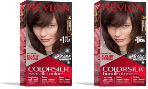 Revlon ColorSilk Colorazione Permanente Capelli Fai-da-te a Casa, Senza Ammoniaca e Arricchita con Cheratina, 32 - Castano Mogano Scuro (Confezione da 2)