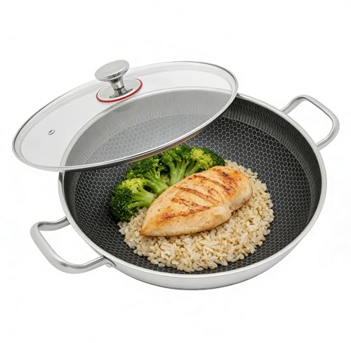 sheungtong Paella Pan, 14-Inch Non Stick Frying Pans with Lid, Stainless Steel Large Skillets, Hybird Induction Cooking Pan for Frying, Sauteing, Deep-Frying, And Other Kinds of Cooking