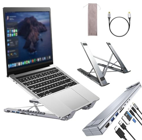 8-in-1 USB-C Laptopständer, Aluminium Laptop Ständer mit 8-in-1 USB C Dockingstation, Faltbarer Stand Doppelter Ständer mit 9 verstellbaren Winkeln Mit HDMI 4K@30Hz, USB 3.0, 100W PD Für Zuhause Büro