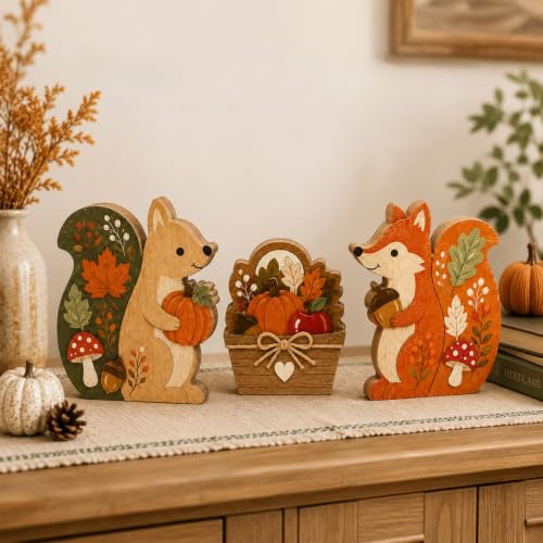 Decoración otoñal para interiores, 3 unidades, madera, ardilla, zorro, calabaza, figuras de otoño, decoración de otoño, expositor de mesa para salón, alféizar de ventana, chimenea, mesa de decoración