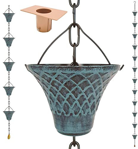 LEPTALINA Chaînes de Pluie en Fer pour gouttière et tonneau de Pluie en Fer de 2,6 m – Plaqué résistant à la Rouille pour Tuyau de Descente – Adaptateur de gouttière en Bonus – Bleu Ciel Antique
