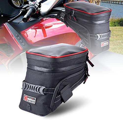 Goldfire Motorcycle Tank Bag Expandable ADV Gas Oil Fuel Tank Saddle Bag with Strong Strap Mount Water Resistant Motorcycle Storage Bag(Red Piping)