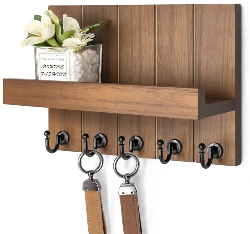 Rebee Vision Decorative Key Holder Wall Mount - Rustic Key Holder for Wall with Shelf and Mail Organizer for Living Room Decor - Home Essentials for Home Improvement (Brown, 3.54 x 10 x 7.28)