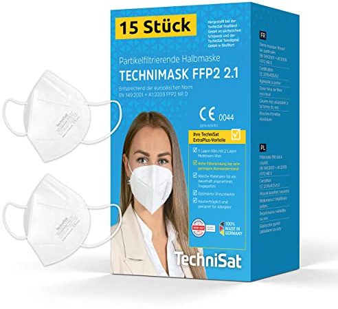 TechniSat TECHNIMASK 2.1 – 15 Stück FFP2 Maske aus Deutschland (Dolomitstaub-geprüft, 5-lagige Atemschutzmaske mit hochwertigem Vlies, geringer Atemwiderstand, Made in Germany)