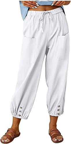 ASKSA Damen 7/8 Länge Hose Weitem Bein Freizeithose Leicht Sommerhose Lose Casual Leinenhose mit Taschen (Weiß,M)