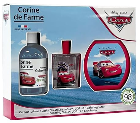 Corine de Farme - Cars Set mit Eau de Toilette 50 ml, Schaumbad 300 ml und Brotdose – Geschenk für Jungen – Duft für Kinder mit Blumenmoschus – fruchtiges 3-in-1-Gel
