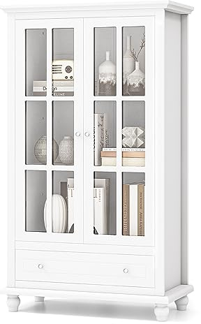 COSTWAY Wooden Bookcase, Freestanding Storage Bookshelf with Tempered Glass Doors, Adjustable Shelf & Drawer, Modern Side Cabinet Display Tall Cupboard Unit for Living Room Hallway Office