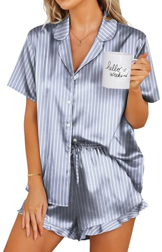 Ekouaer Silk Pajamas Womens Short Sleeve Sleepwear 2 Piece Satin Pjs Shorts Set Button Down Loungewear Striped Grey Blue L