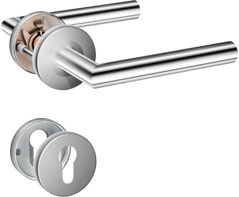 HENYIN Lot de 2 poignées de porte à levier en acier inoxydable avec écusson à trou cylindrique, poignée de serrure de porte à mortaise, couleur argent (SO2-103C-2)