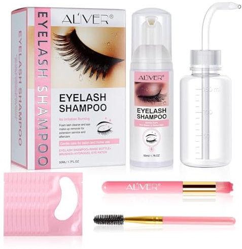 P-Beauty Wimpernshampoo XL Set - Wimpern Reinigungsschaum für Wimpernverlängerung, inkl. Wimpern Shampoo 50ml, Wimpernbürste, Reinigunspinsel, Spülflasche & 10 Hydrogel Pads | Wimpernpflege Set