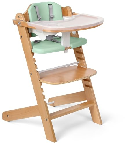 Cowiewie Natural Wooden High Chair for Babies & Toddlers 3-Tier Remove Adjustable Tray and Highchair with Cushions, Easy to Clean, Portable(Green)