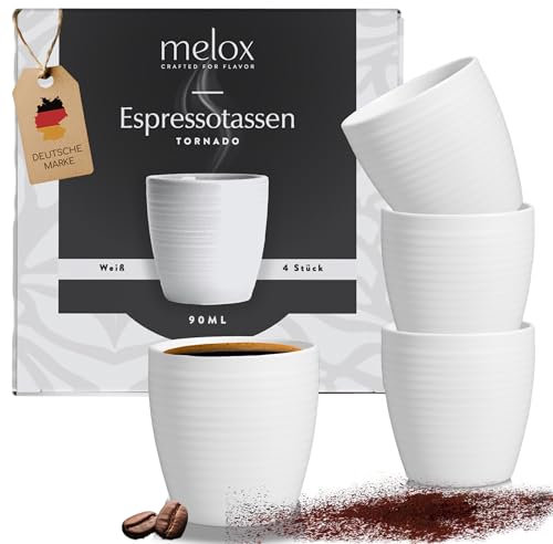 MELOX - Set de tasses Tornado-Line en porcelaine 90 ml, 200 ml, 300 ml – Tasses pour café, expresso et cappuccino – Tasse à café au design italien (blanc, 4 tasses à expresso de 90 ml)