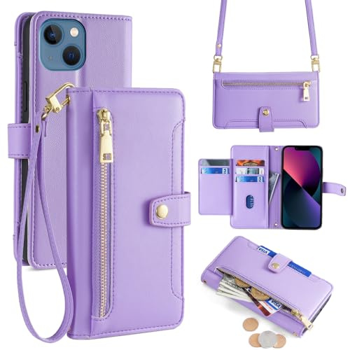 ERDARIPRO-fodral för Xiaomi Redmi Note 13 5G med bärband, vikbart plånboksfodral med magnetisk dragkedja [6 kortfack + 1 kontantfack] folio av lyxigt veganskt läder Viola