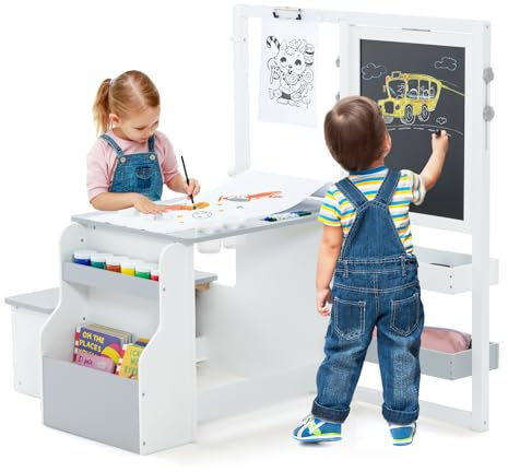 COSTWAY 6 in 1 Kinder Staffelei Set, Standtafel aus Holz mit doppelseitiger Kreidetafel & Whiteboard & Papierrolle, Kindertafel höhenverstellbar mit Bank, Ablagen für Kinder ab 3 Jahren (Hellgrau)
