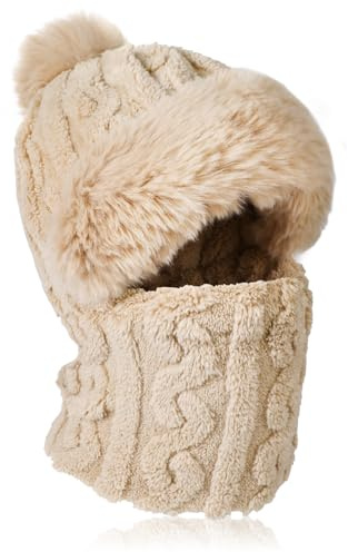 TAGVO Hiver Chaud Tricoté Bonnet Et Ensembles De Cache-Cou, Chapeau d'hiver Bonnet Tricoté en Tissu Polaire Thermique, Cagoule Coupe-Vent Masque De Ski Femme pour Sports de Plein Air