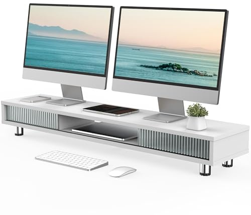 Fenge Dual Monitorständer 108cm Großer Bildschirmständer mit 2 Glas-Schiebetür Höhenverstellbarer Monitorständer für Computer/Laptop/TV, Tragfähigkeit 50KG (Weiß)