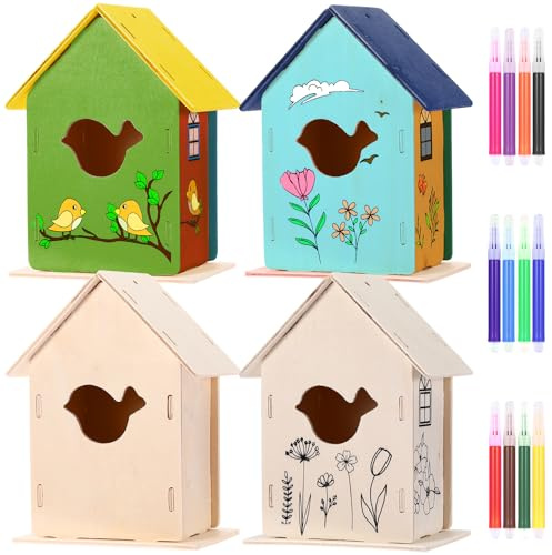 Affrolling 4 Pcs Large Wooden Birdhouse Kit for 5 * 7 Inches DIY Wood Bird Houses to Paint and Build Craft with Watercolor for Crafts Bulk Painting Kits(Bird)