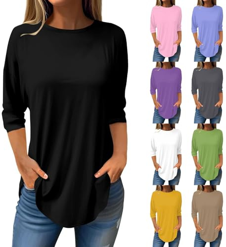 Schwarzes Tshirt Damen 3/4 Arm Oberteile Basic Rundhalsausschnitt Longshirt Große Größen Einfarbig Tunika Lässige Lange Sommershirts Oversize Leicht T-Shirt Sommer Tops Teenager Mädchen