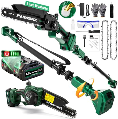 Paowafol 2-in-1 Electric Pole Saws for Tree Trimming, 8 Inch Cordless Mini Chainsaw with 15 FT Extension Pole, Pole Saw Battery Powered with 2*4.0Ah Battery, Tree Trimmer Pole Saw for Branch Cutting