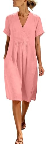Zeiayuas Cotton Linen Dresses for Women T Shirts Summer Midi Dress Short Sleeve V Neck Knee Length Dress Ladies Beach Loose Solid Color Casual Dresses with Pockets