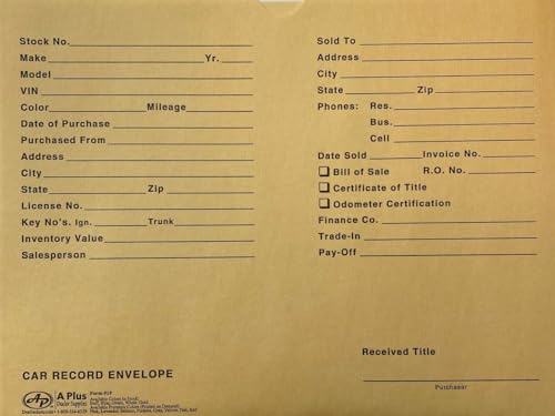 A Plus Automotive Vehicle Dealer File Jackets #19 Car Record Envelope - 500 Qty
